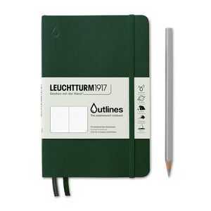 Green notebook with Leuchtturm1917 branding and a pencil on a white background