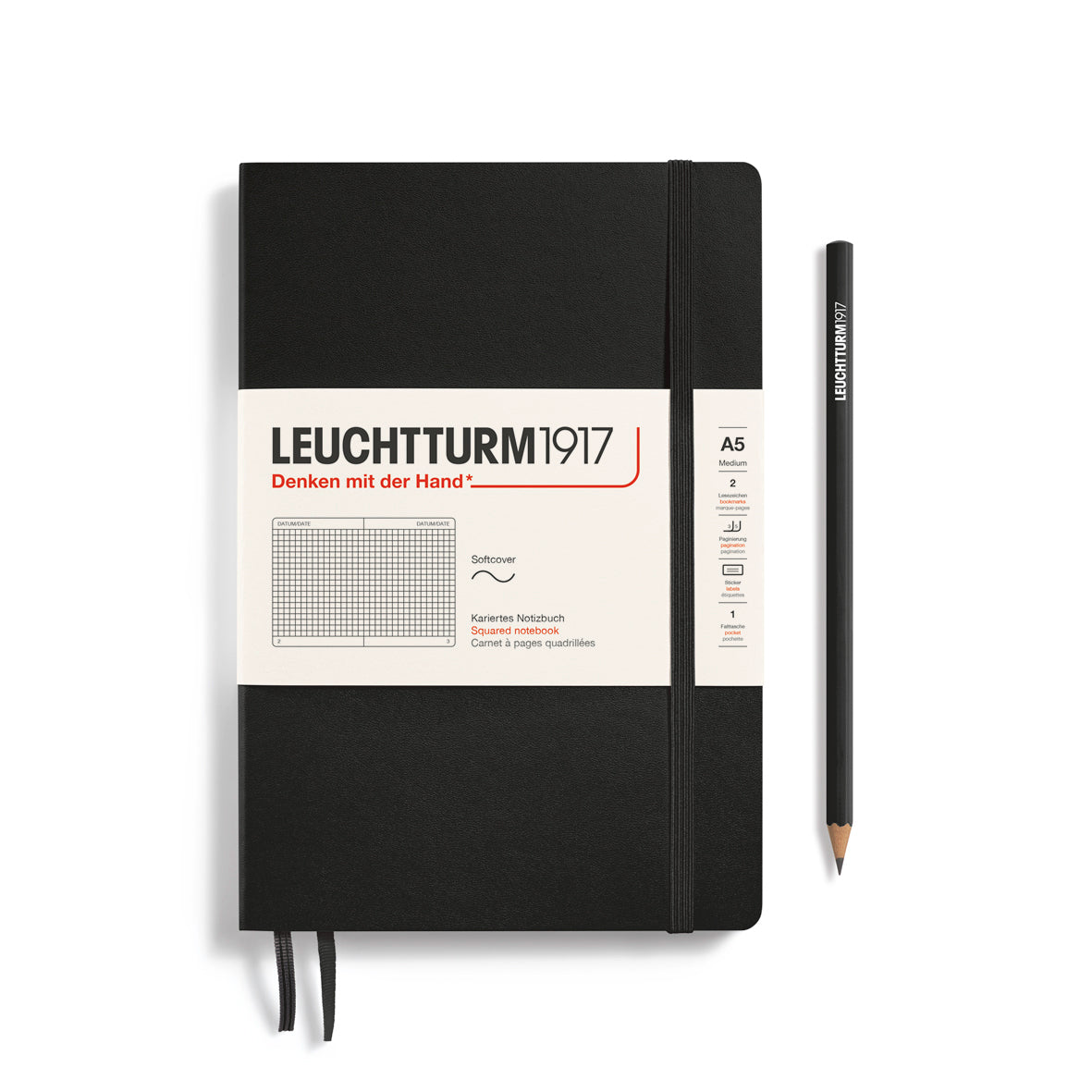 Black notebook with Leuchtturm1917 branding and a pencil on a white background