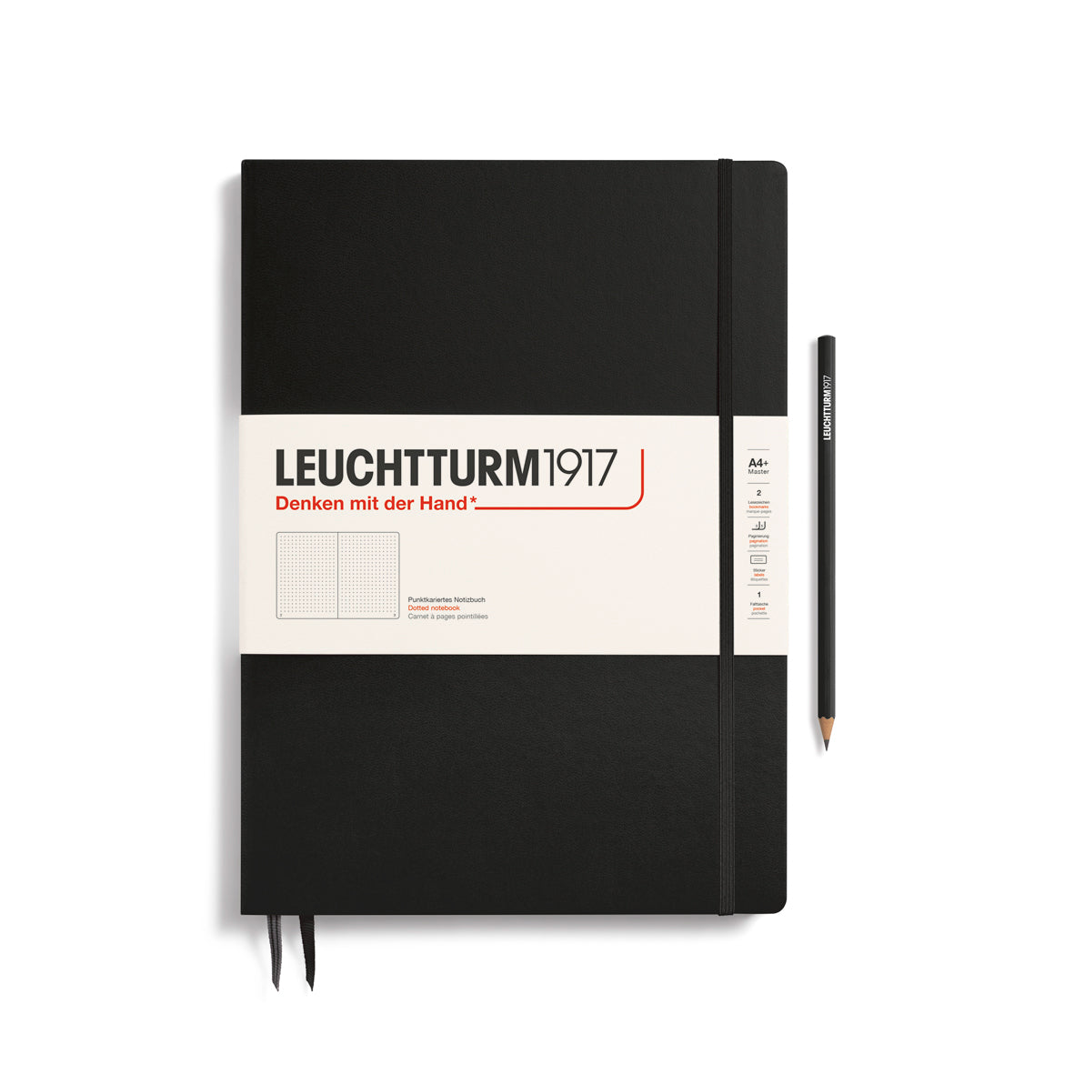 Black notebook with Leuchtturm1917 branding on a white background