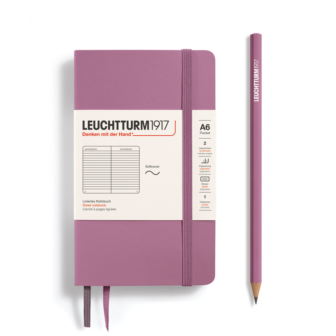 Purple notebook with a pencil on a white background, featuring Leuchtturm1917 branding.