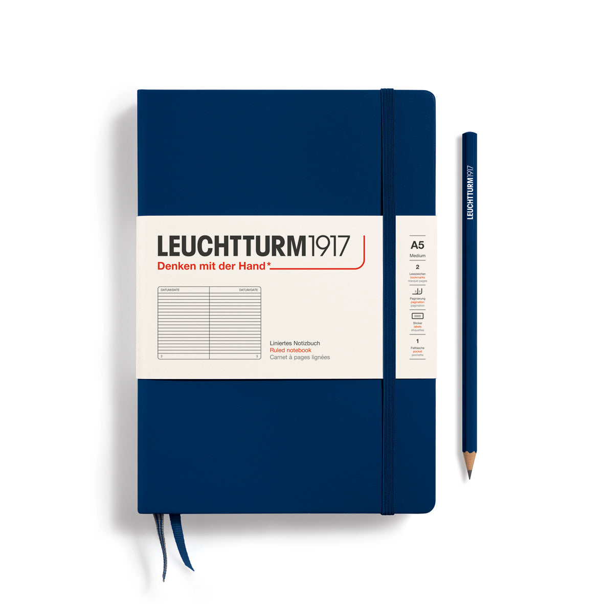 Blue notebook with Leuchtturm1917 branding on a white background
