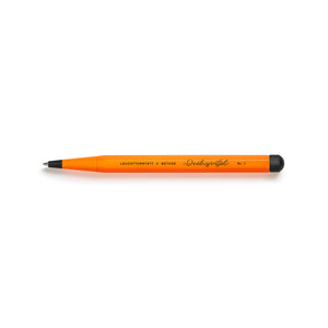 Orange pen with black accents on a white background
