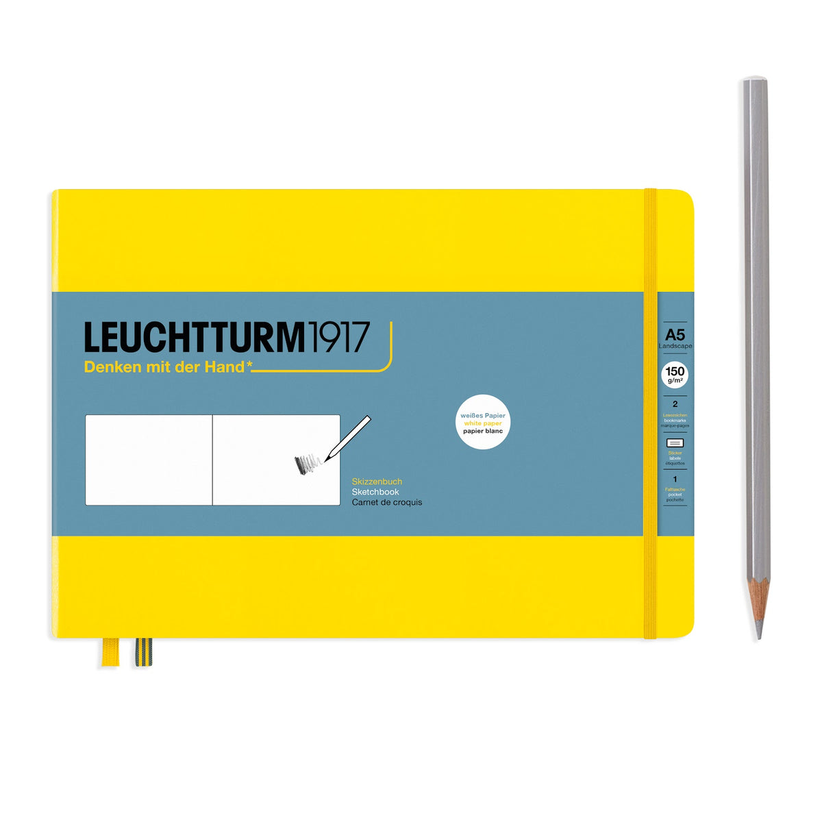 Yellow notebook with blue label and a pencil on a white background