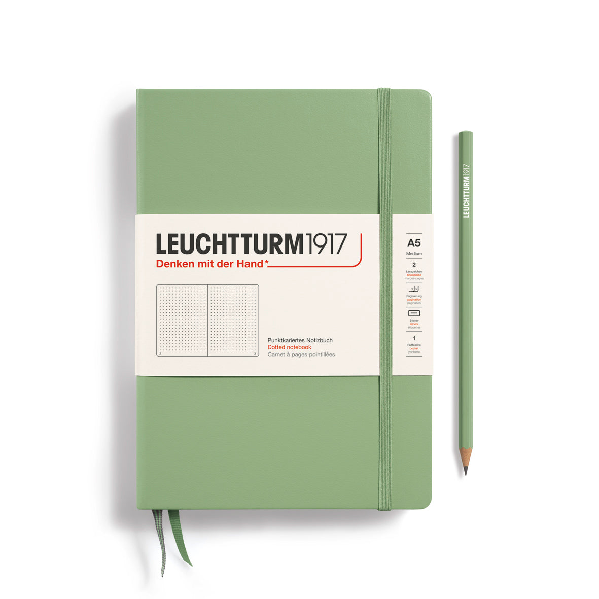 Green notebook with Leuchtturm1917 branding on a white background