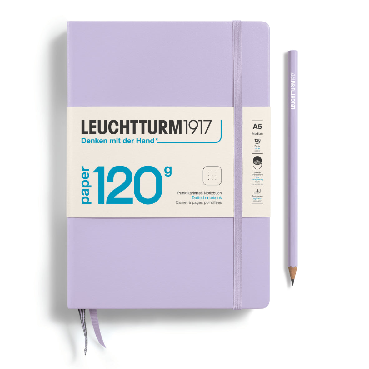 Purple notebook with Leuchtturm1917 branding and a pencil on a white background