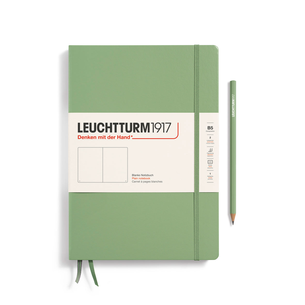 Green notebook with white label featuring 'Leuchtturm1917' on a white background