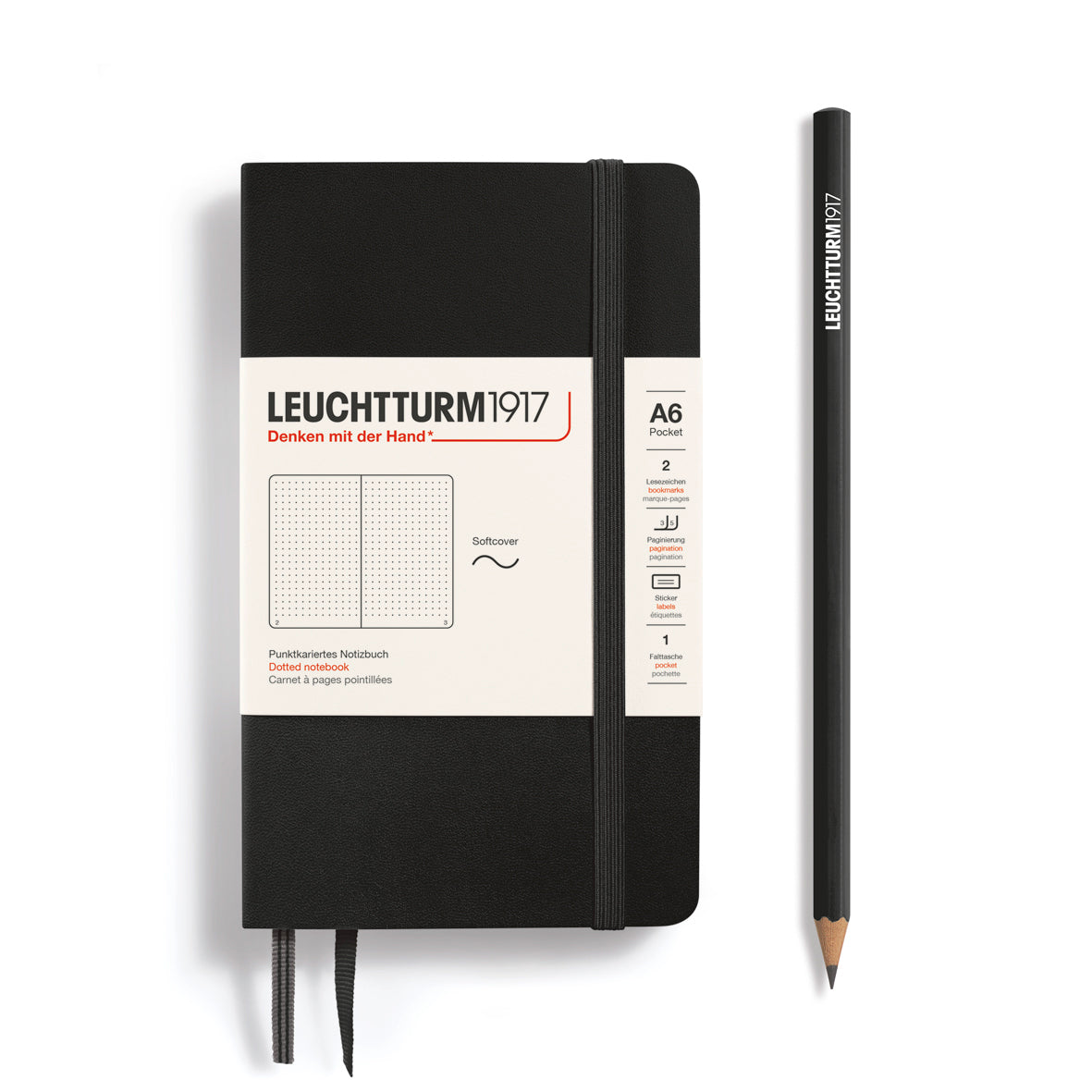 Black notebook with white label and pencil on a white background, featuring Leuchtturm1917 branding.