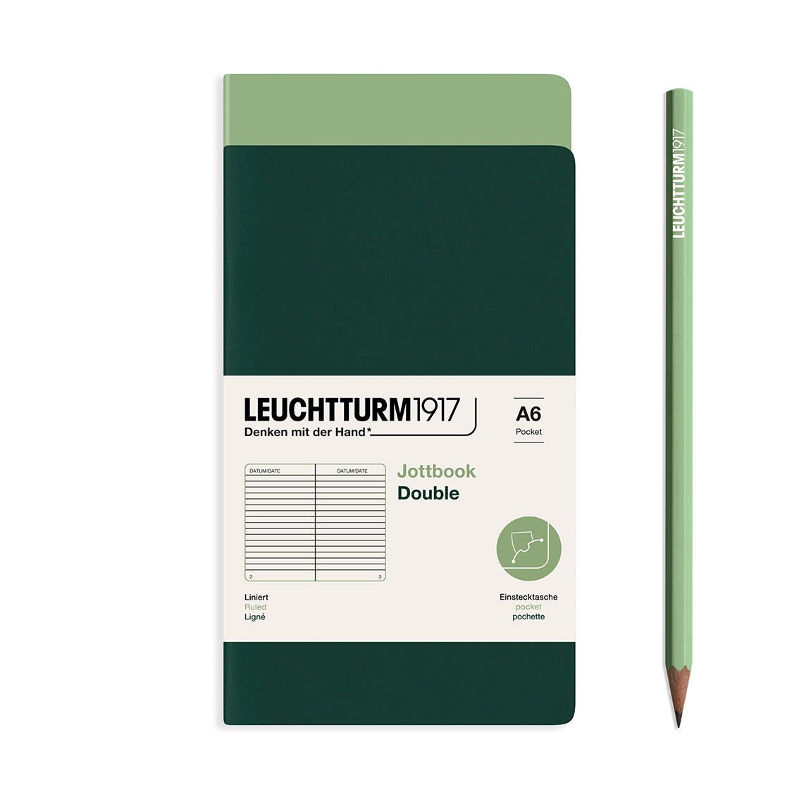 Green notebook with a pencil on a white background, featuring Leuchtturm1917 branding.