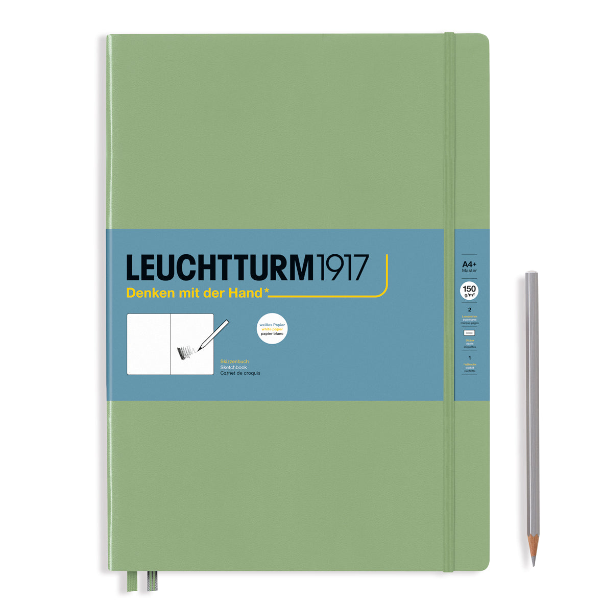 Green notebook with blue label featuring Leuchtturm1917 branding on a white background