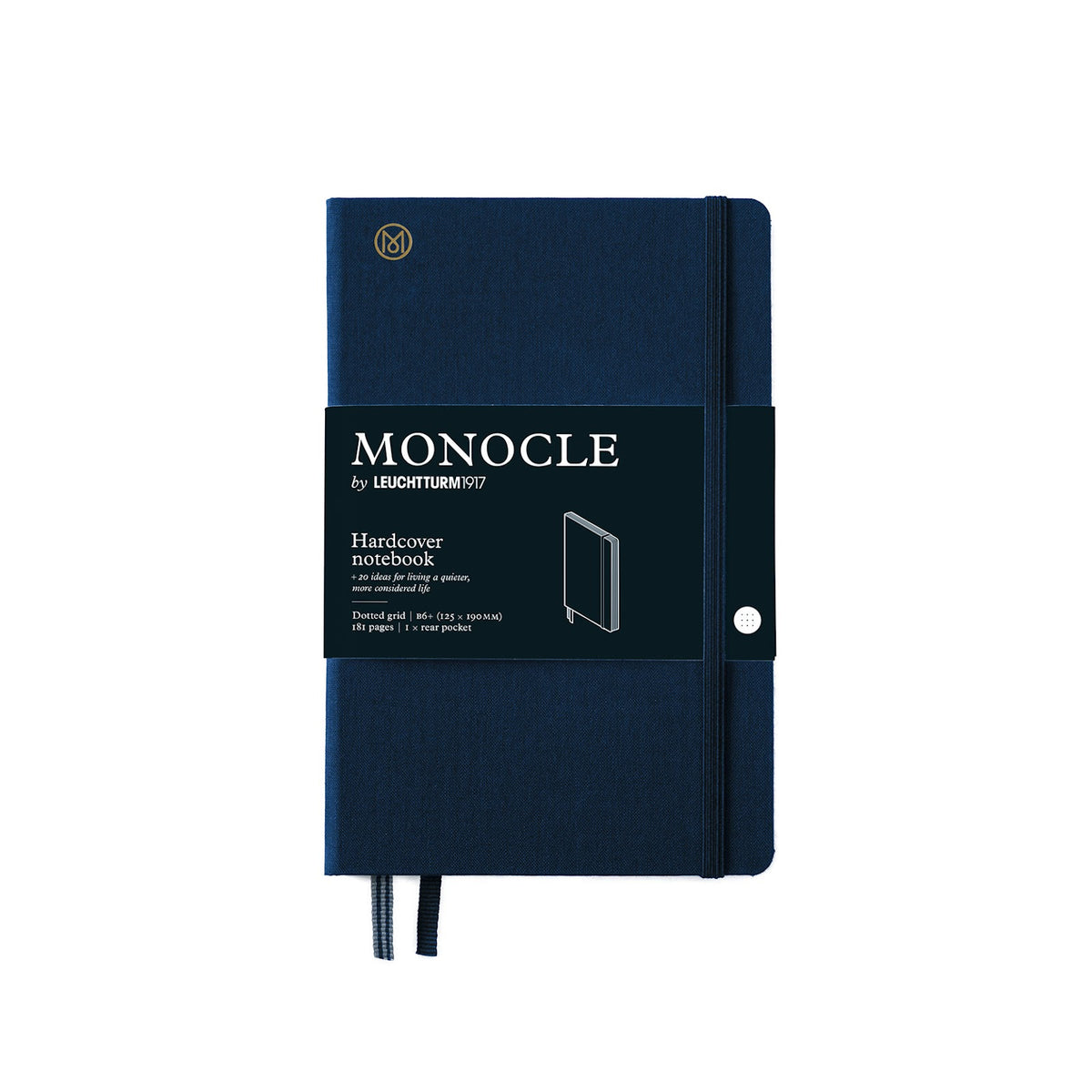 Blue notebook with 'Monocle' branding on a white background