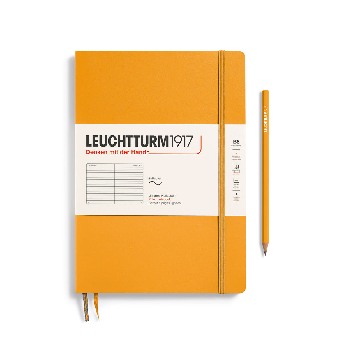 Orange notebook with a pen on a white background, featuring Leuchtturm1917 branding.