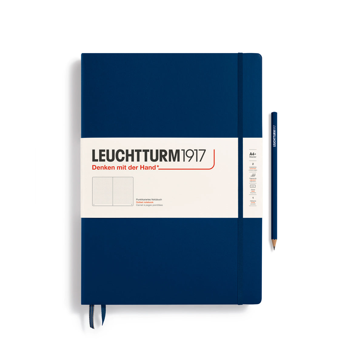Blue notebook with Leuchtturm1917 branding on a white background
