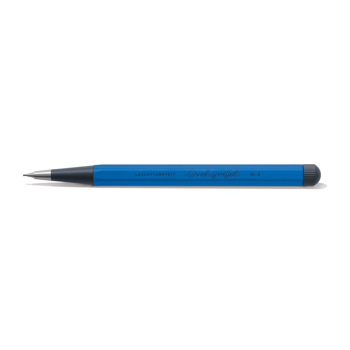 Blue pencil with black accents on a white background