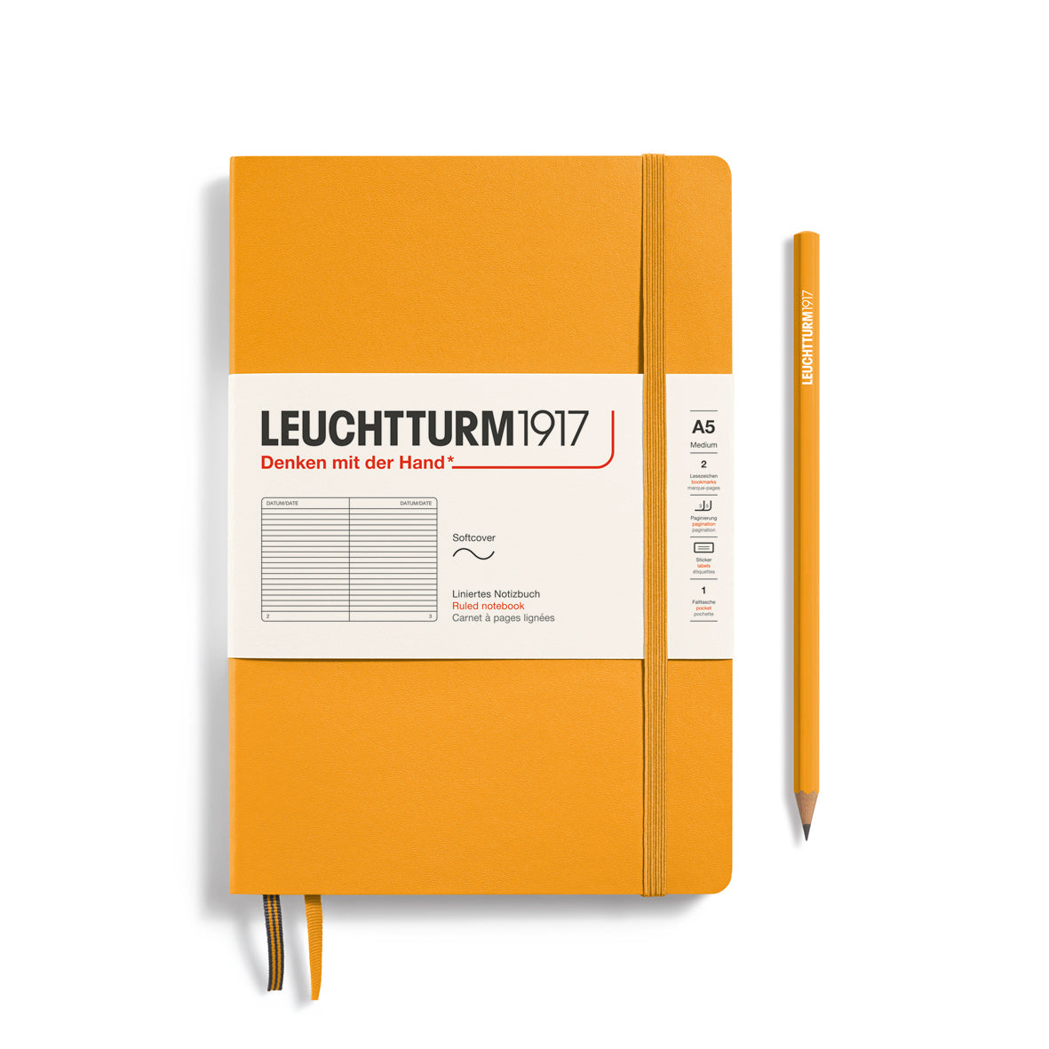 Orange notebook with white label and pencil on a white background, featuring Leuchtturm1917 branding.