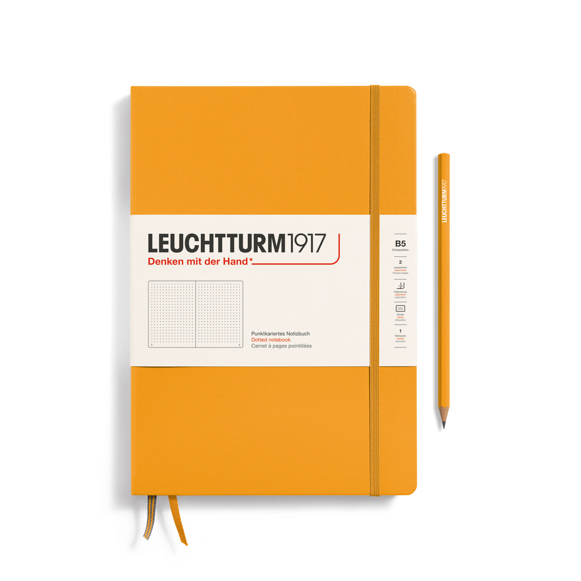 Orange notebook with a pen on a white background, featuring the Leuchtturm1917 brand.
