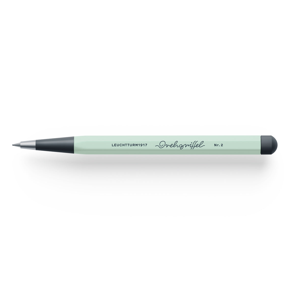 Pencil with a green body and black accents on a white background