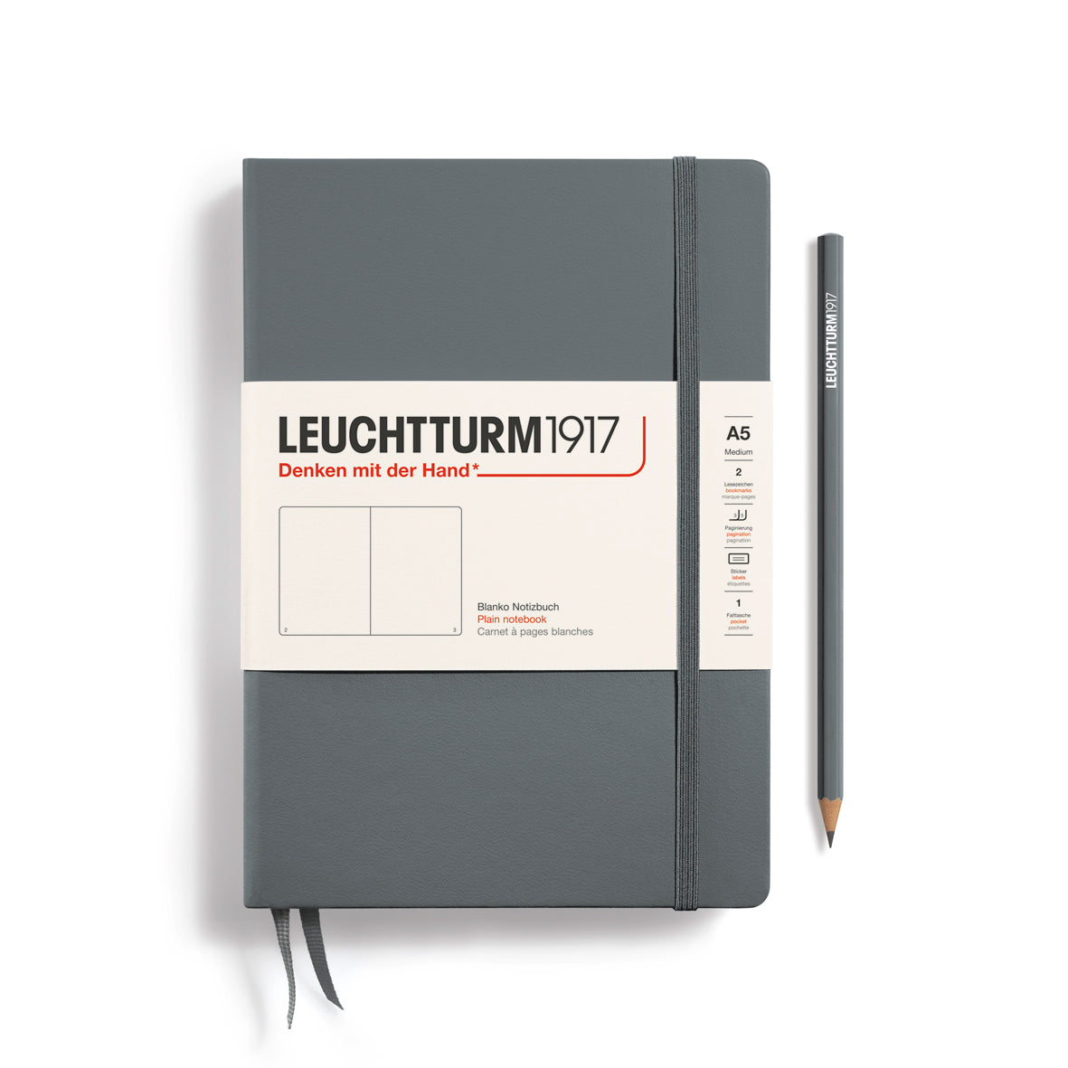 Gray notebook with Leuchtturm1917 branding and a pencil on a white background