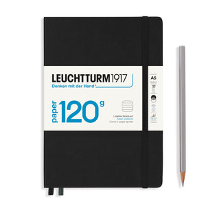 Black notebook with Leuchtturm1917 branding and a pencil on a white background