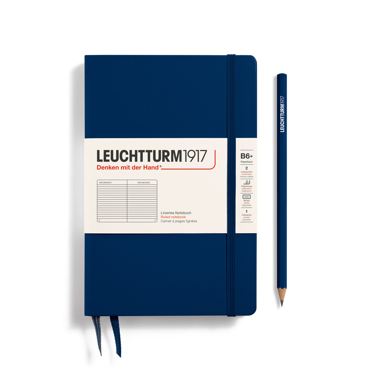 Blue notebook with white label and matching pencil on a white background, featuring Leuchtturm1917 branding.
