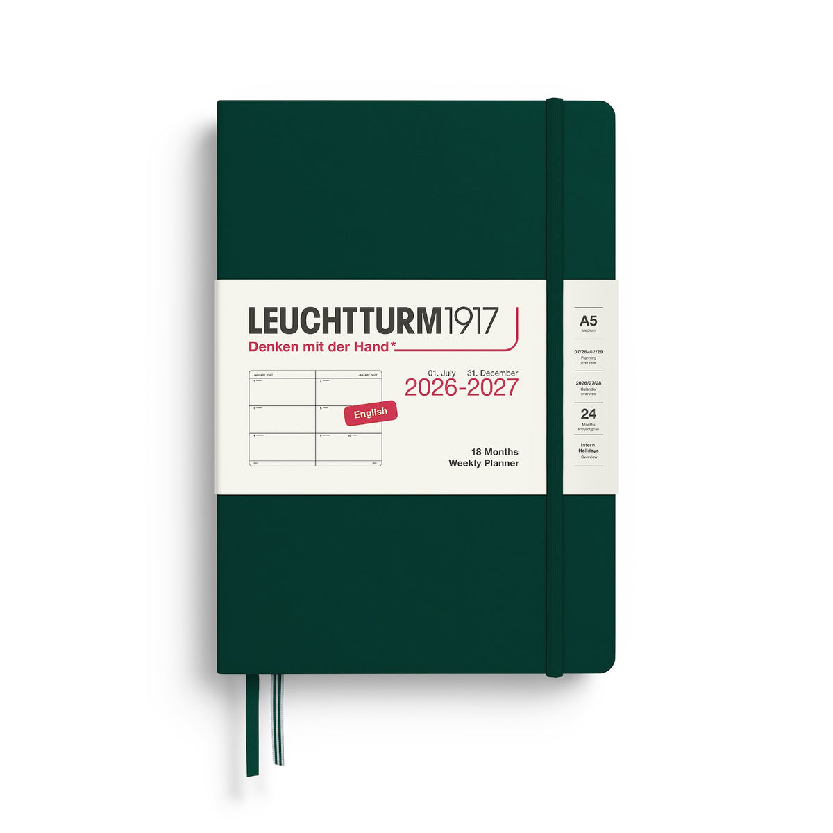 Green Leuchtturm1917 planner with white cover displaying text and design elements.