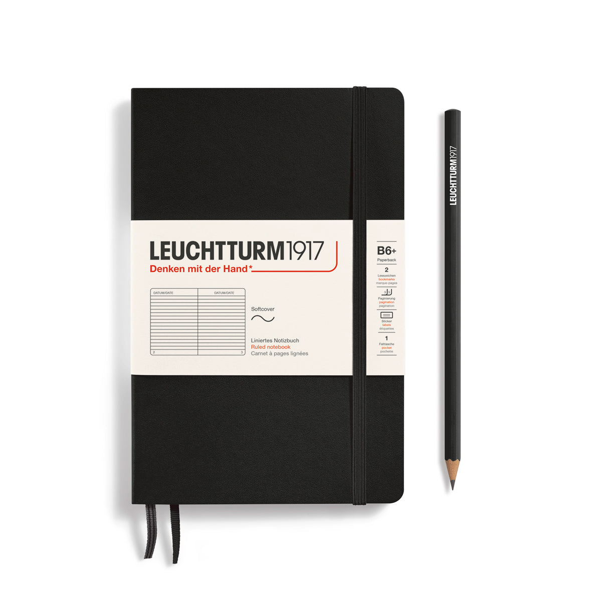 Black notebook with white label and pencil on a white background, featuring Leuchtturm1917 branding.