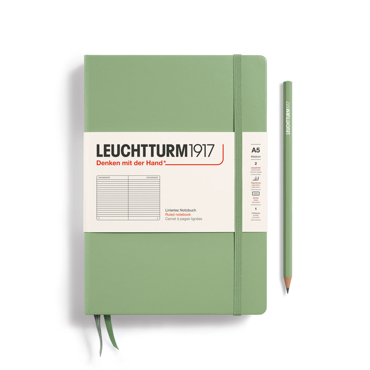 Green notebook with Leuchtturm1917 branding on a white background
