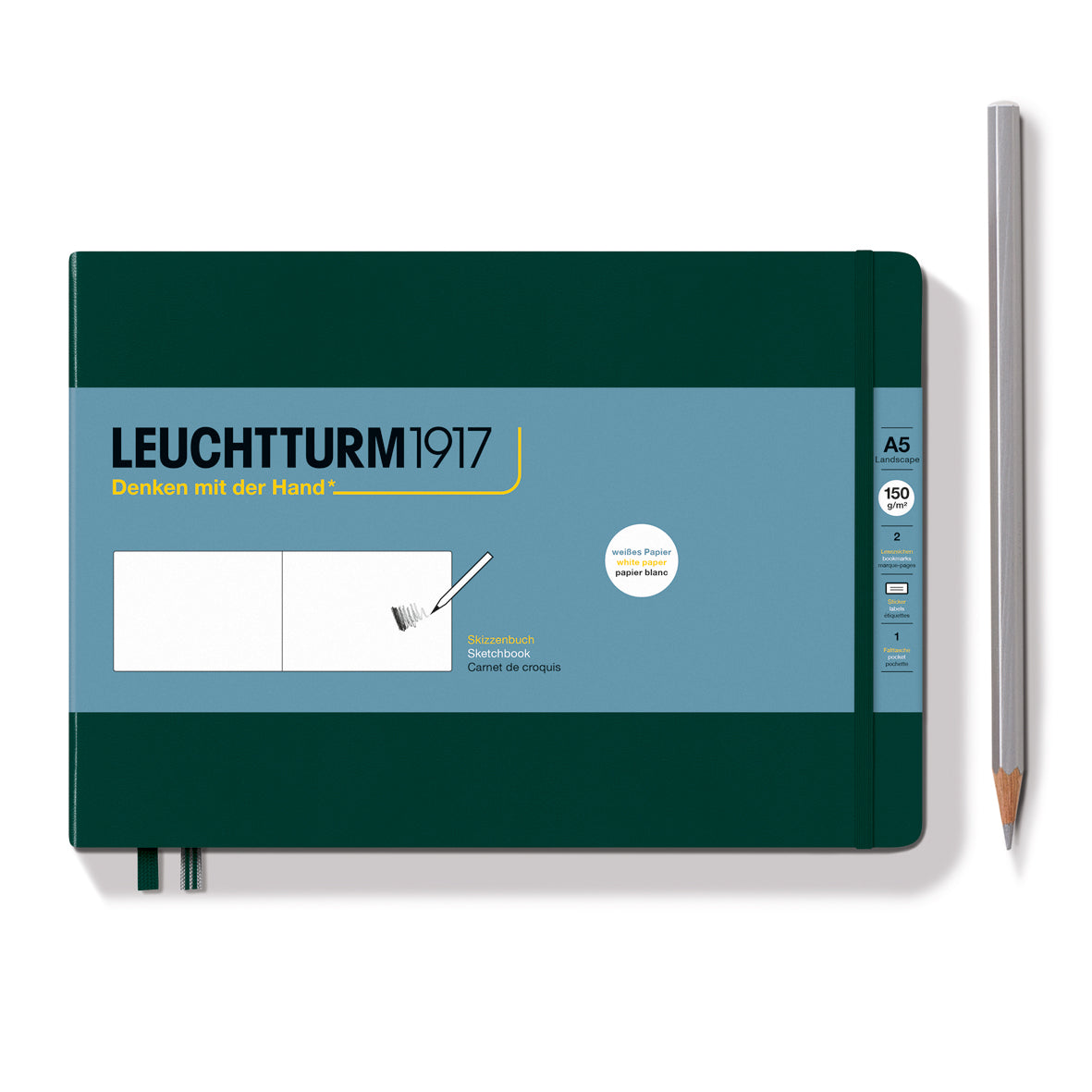 Leuchtturm1917 notebook with a pencil on a white background
