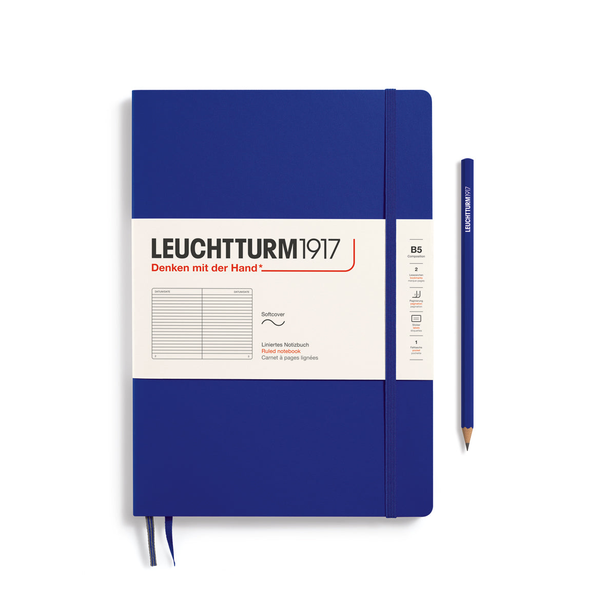 Blue notebook with a pencil on a white background, featuring Leuchtturm1917 branding.