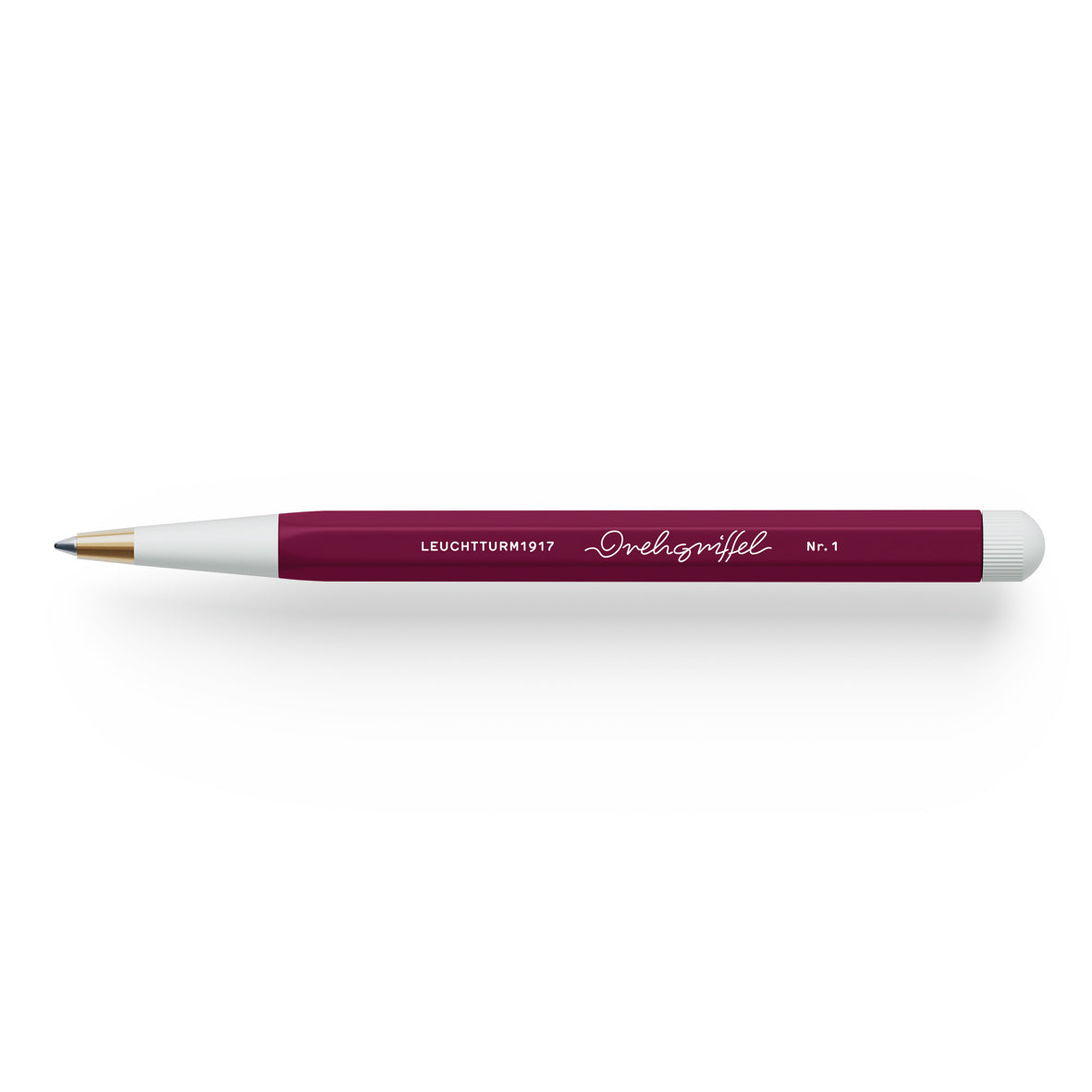 Pen with a maroon and white design on a white background