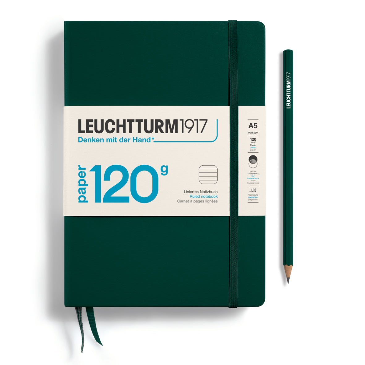 Green notebook with Leuchtturm1917 branding and a pencil on a white background