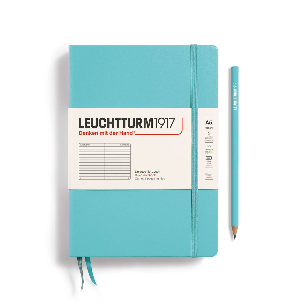 Turquoise notebook with Leuchtturm1917 branding on a white background