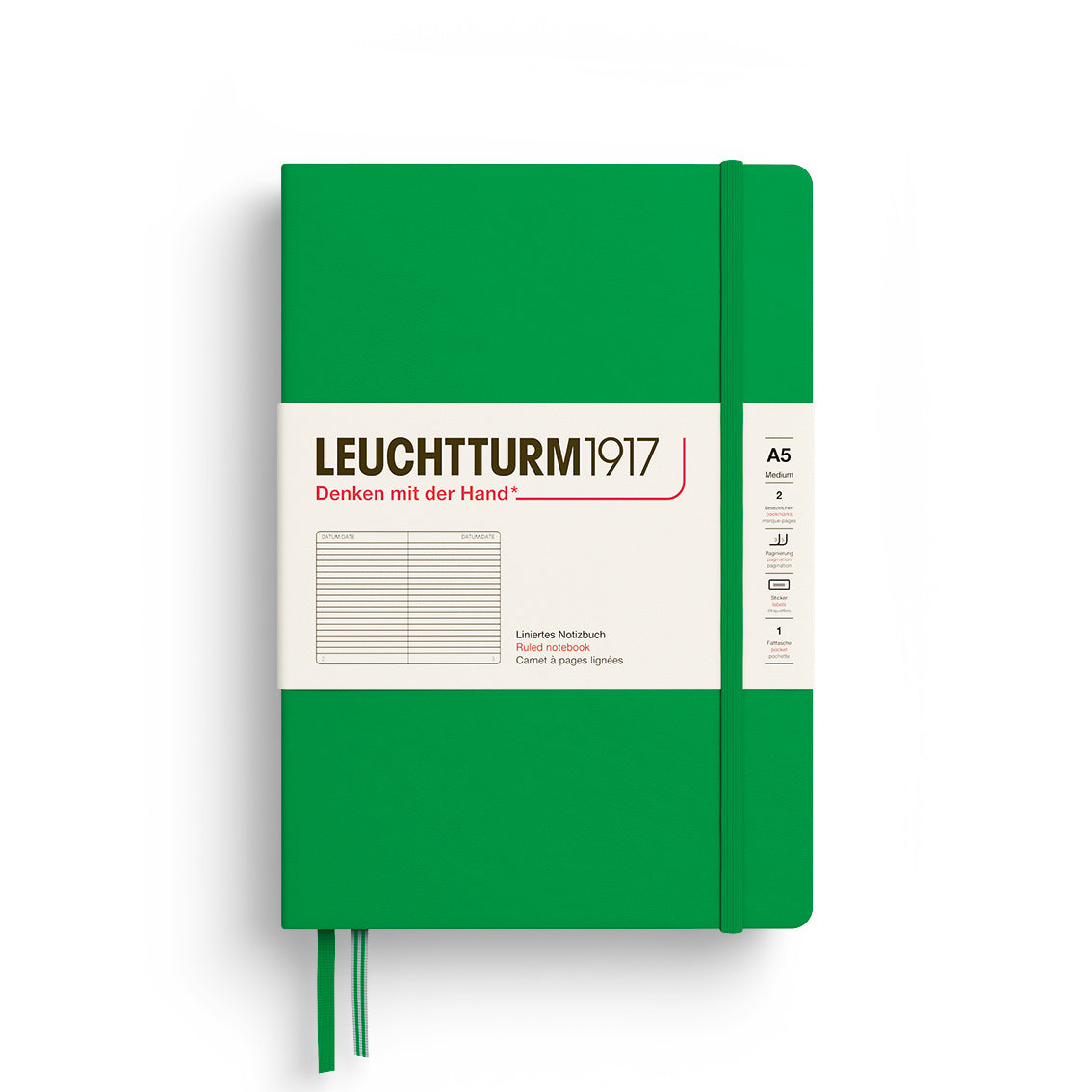 Green notebook with Leuchtturm1917 branding on a white background