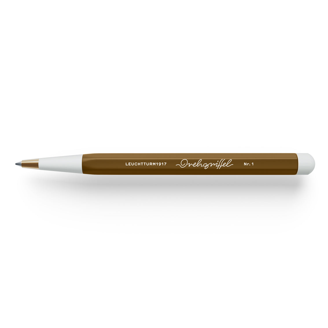Brown pen with white accents on a white background