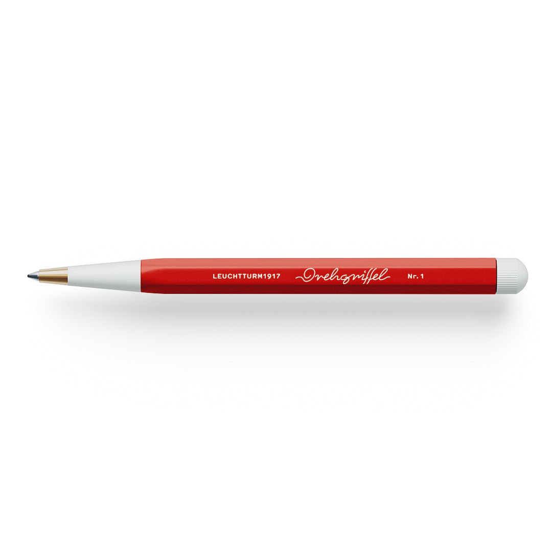 Red pen with white accents on a white background