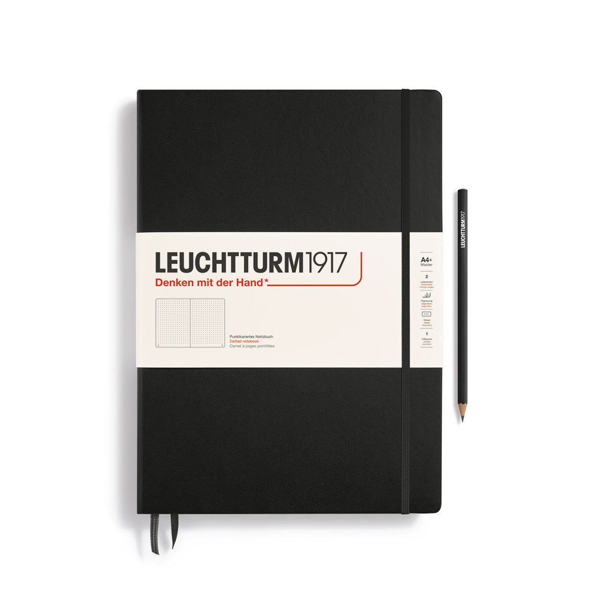 Black notebook with Leuchtturm1917 branding on a white background