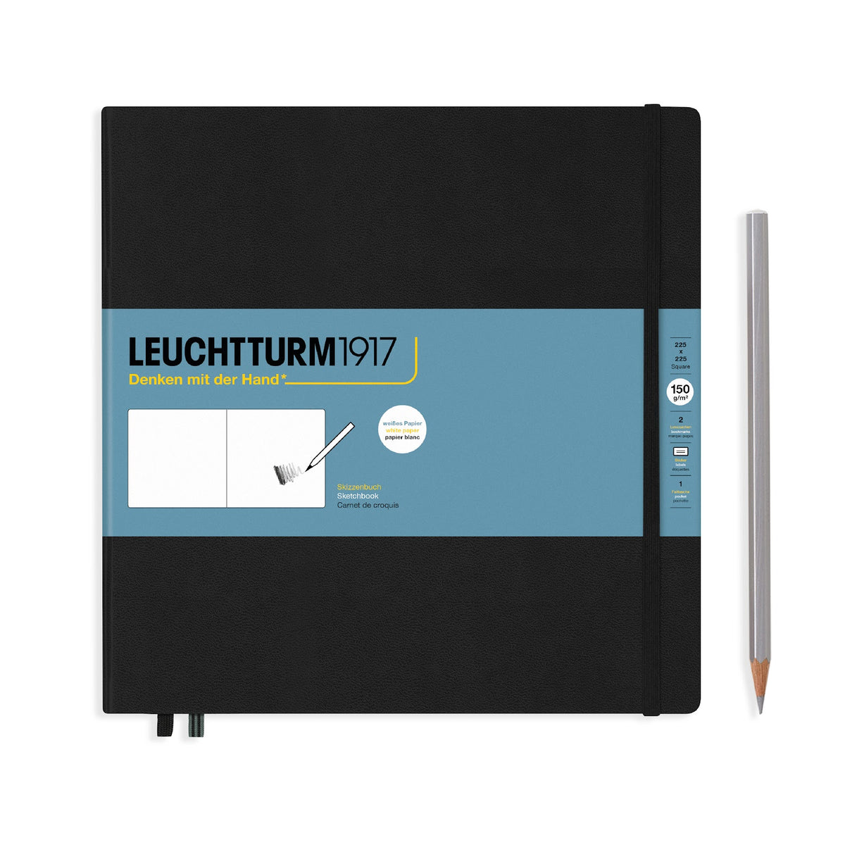 Black notebook with blue label featuring Leuchtturm1917 branding on a white background