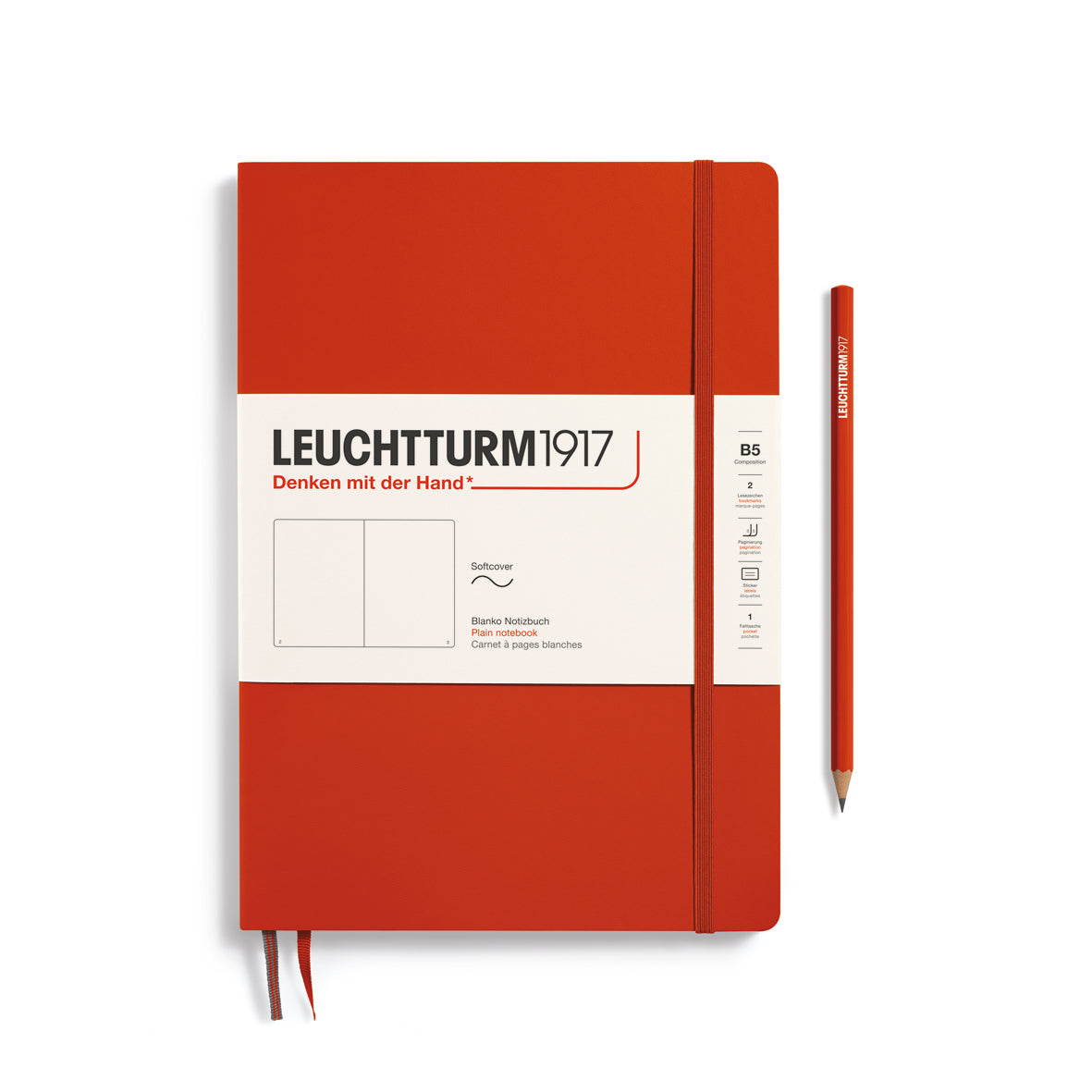 Red notebook with a pen on a white background, featuring Leuchtturm1917 branding.