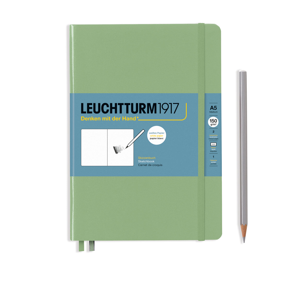 Green notebook with blue label featuring 'Leuchtturm1917' on a white background