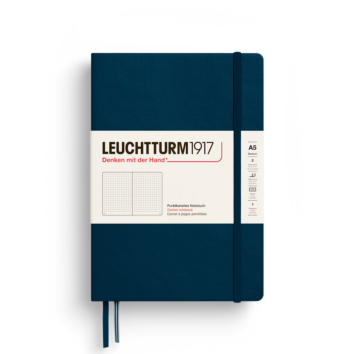 Blue notebook with Leuchtturm1917 branding on a white background