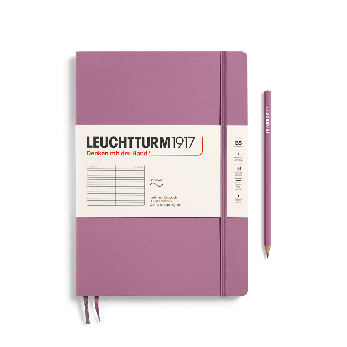 Purple notebook with white label featuring 'Leuchtturm1917' branding on a white background.
