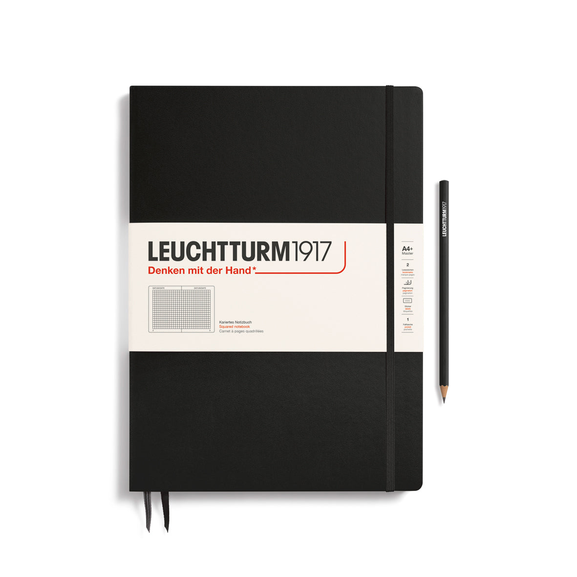 Black notebook with Leuchtturm1917 branding on a white background