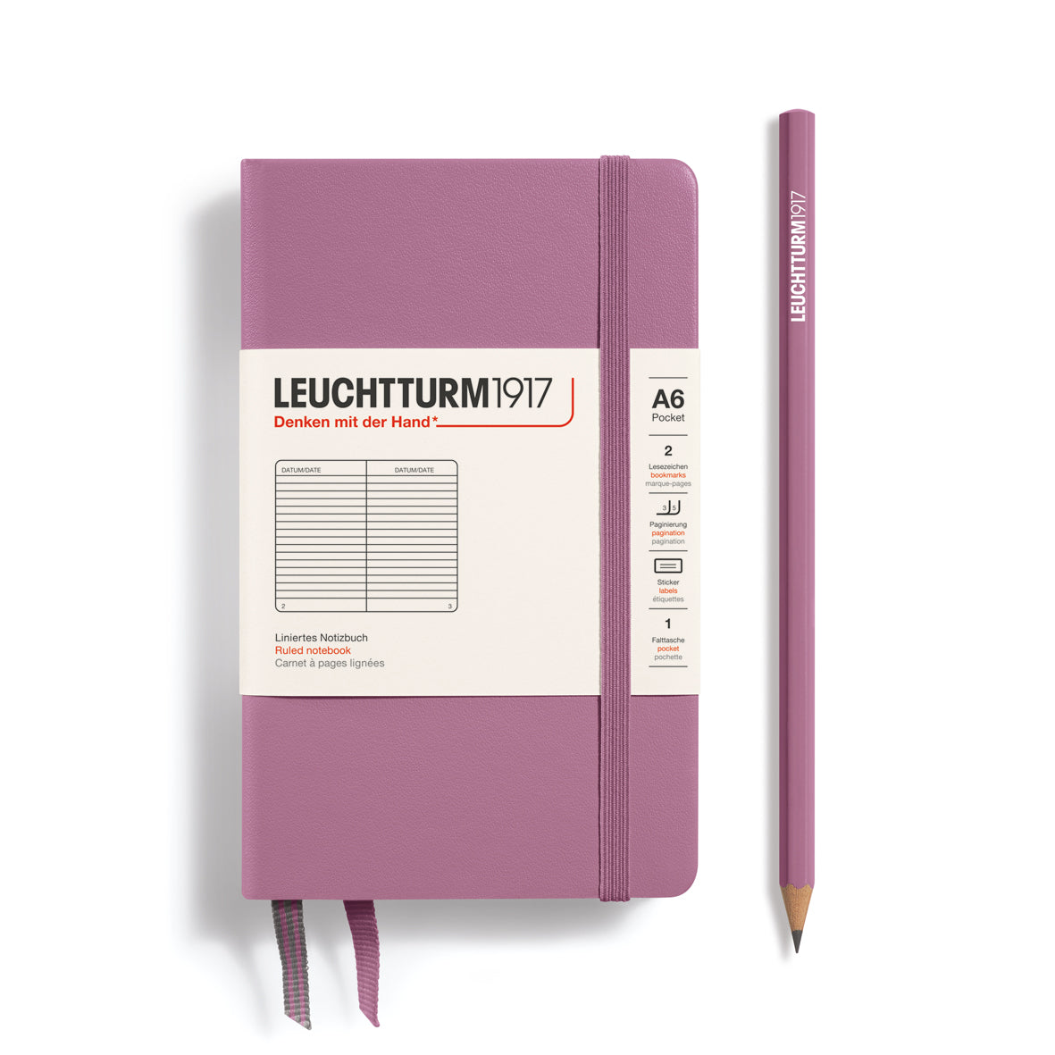 Purple notebook with a pencil on a white background, featuring Leuchtturm1917 branding.