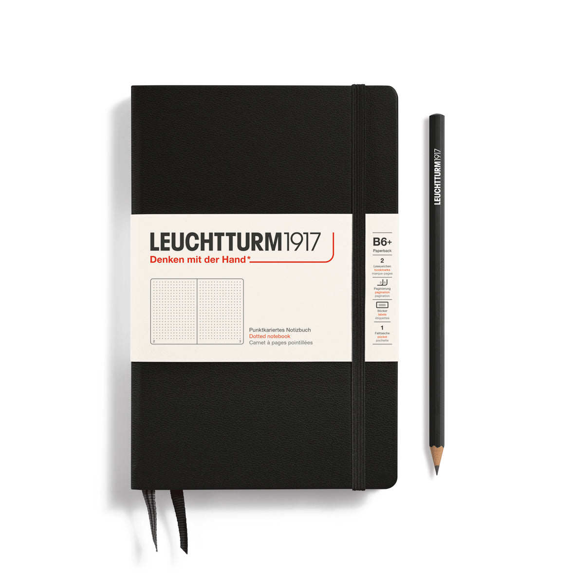Black notebook with white label featuring 'Leuchtturm1917' branding on a white background.