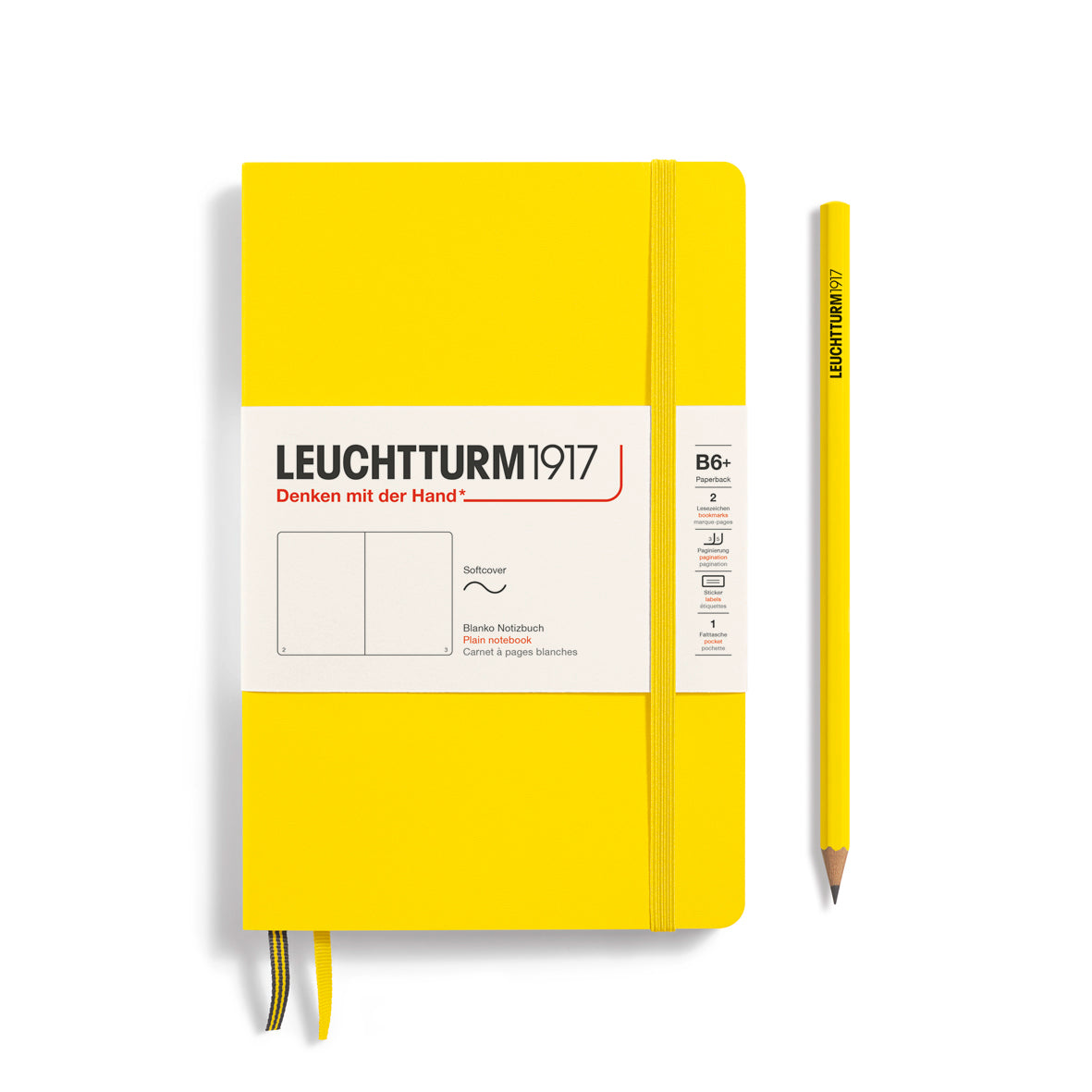 Yellow notebook with a pencil on a white background, featuring Leuchtturm1917 branding.