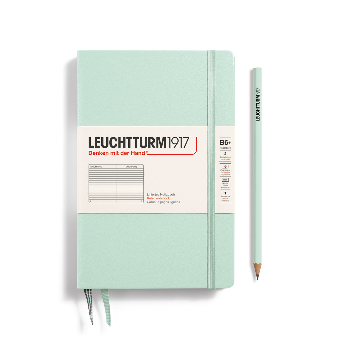 Mint green notebook with a pencil on a white background, featuring Leuchtturm1917 branding.