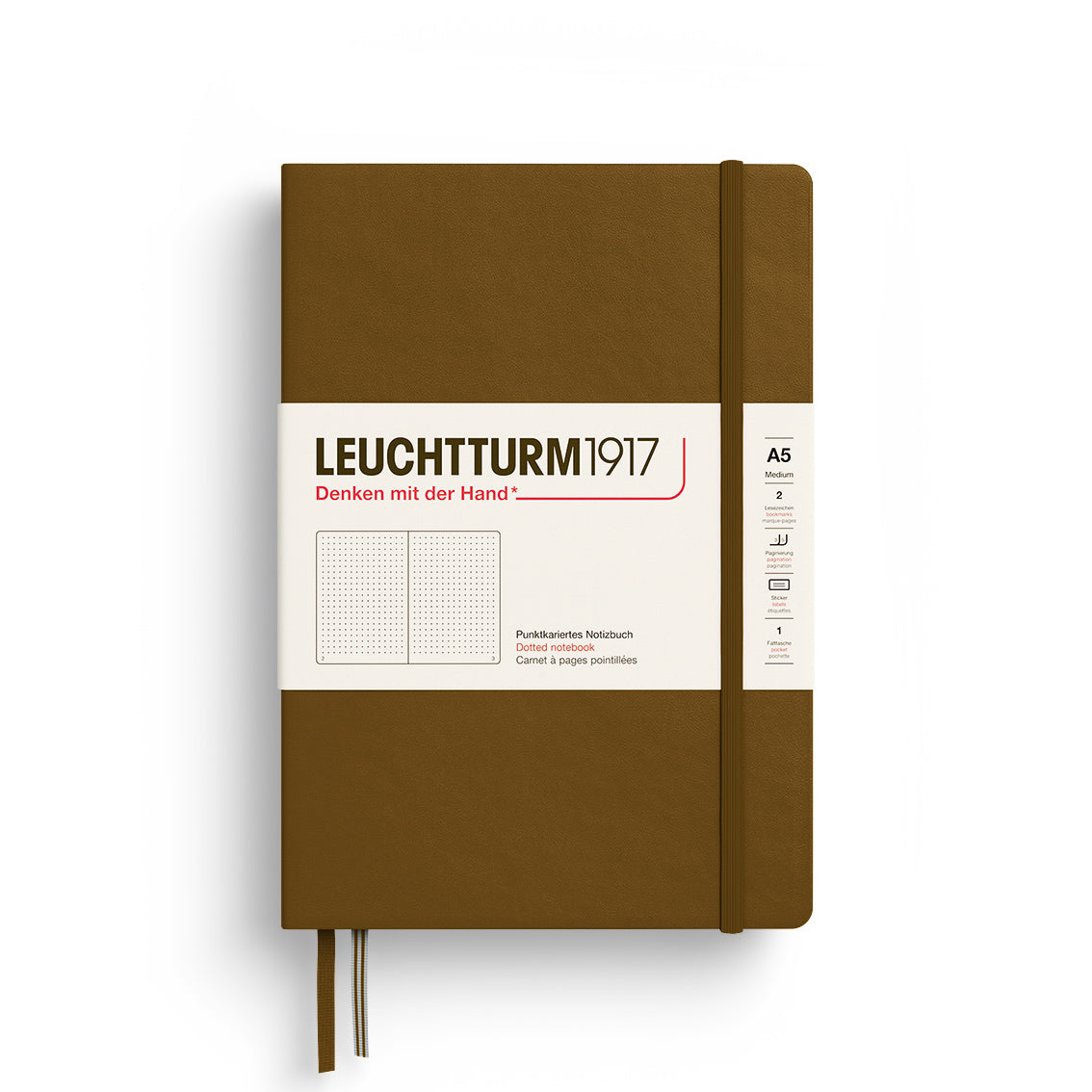 Brown notebook with Leuchtturm1917 branding on a white background