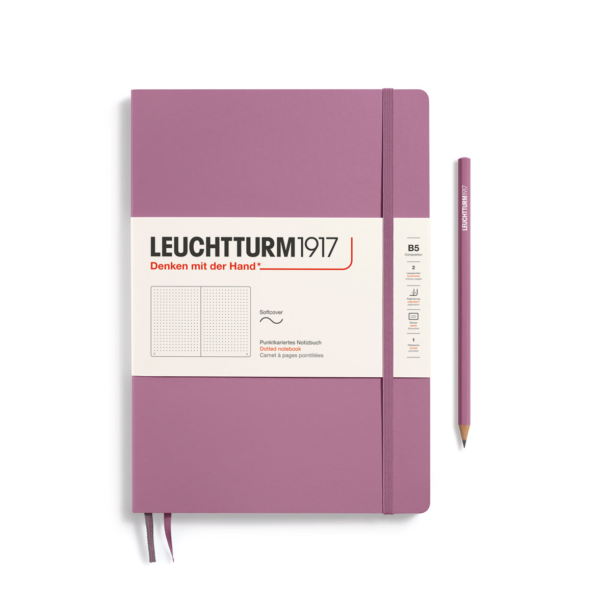 Purple notebook with Leuchtturm1917 branding and a pencil on a white background
