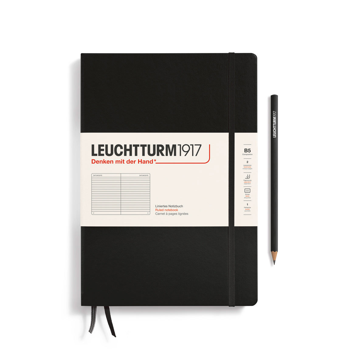 Black notebook with Leuchtturm1917 branding and a pencil on a white background