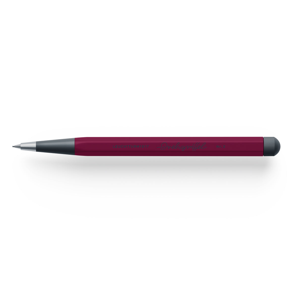Maroon pencil with black handle on a white background