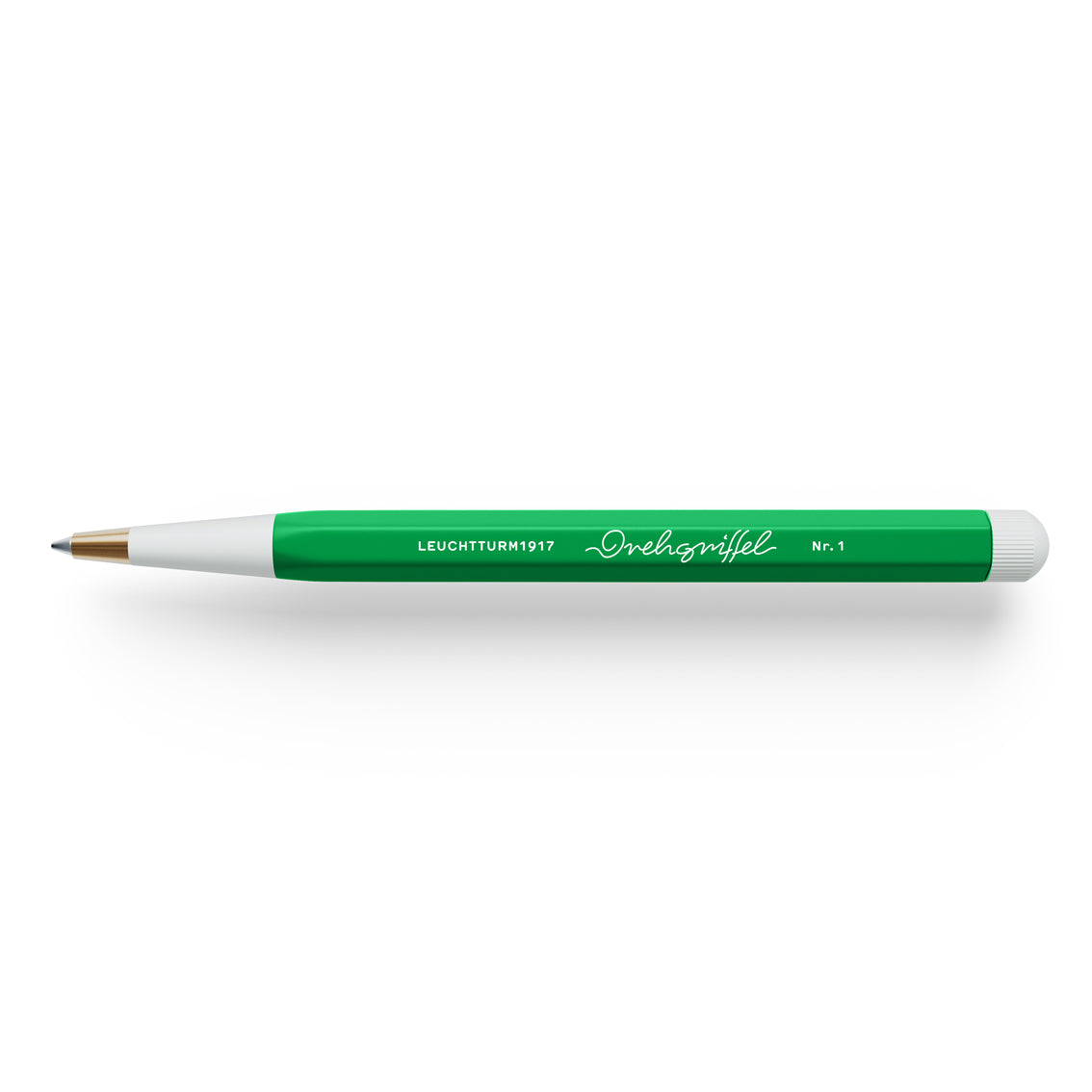 Green pen with white accents on a white background